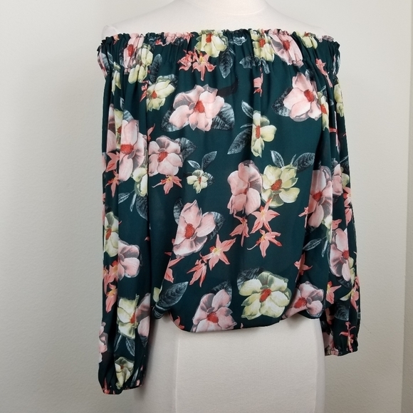 Anthropologie Tops - Philosophy | Anthropologie Green Floral Off Shoulder Blouse